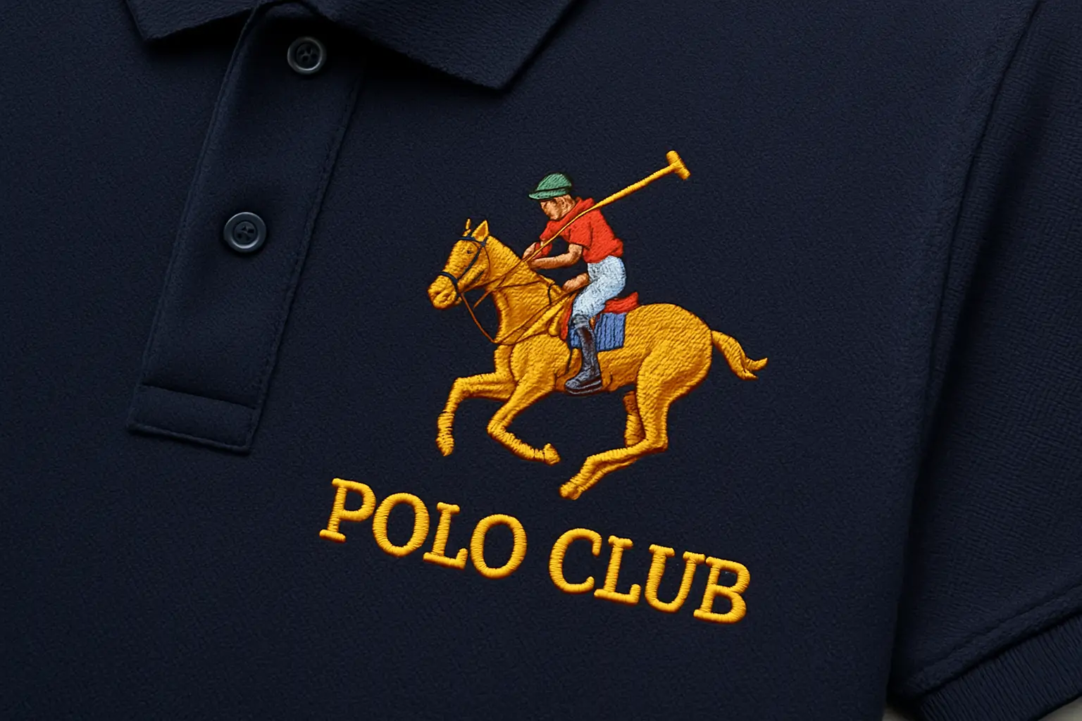 Detailaufnahme eines bestickten Poloshirts mit elegantem Schriftzug